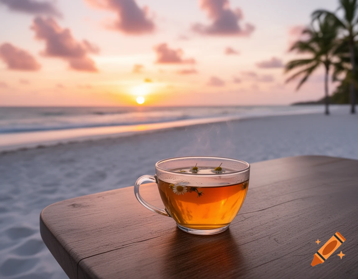 A glass of steaming tea with chamomile flowers rests on a wooden table on a beach, against a beautiful sunset over the ocean with palm trees.