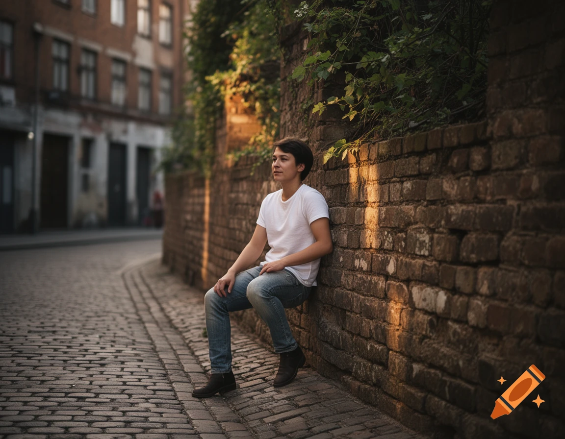 A young person sits leaning against a sunlit brick wall on a cobblestone street, looking away.