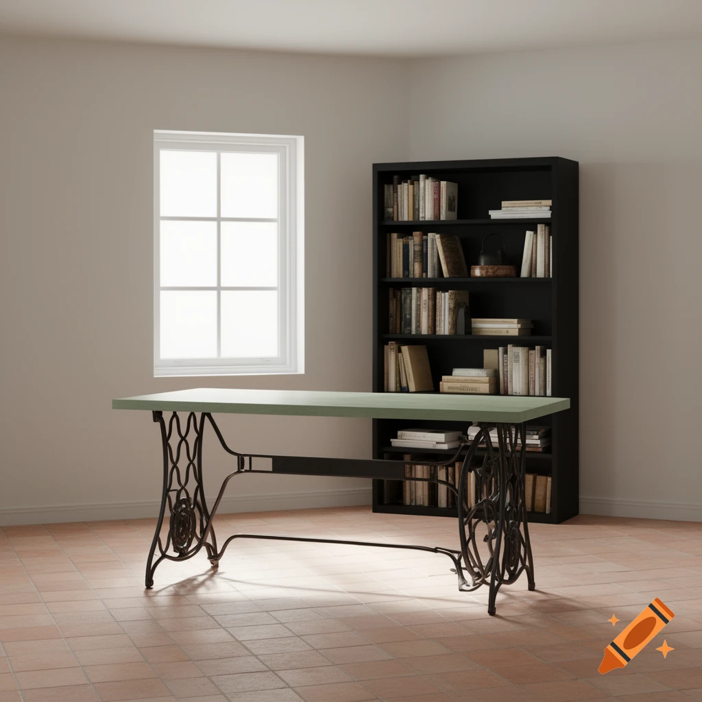 A study room with a green-topped desk with a wrought iron base near a window, and a black bookshelf filled with books.