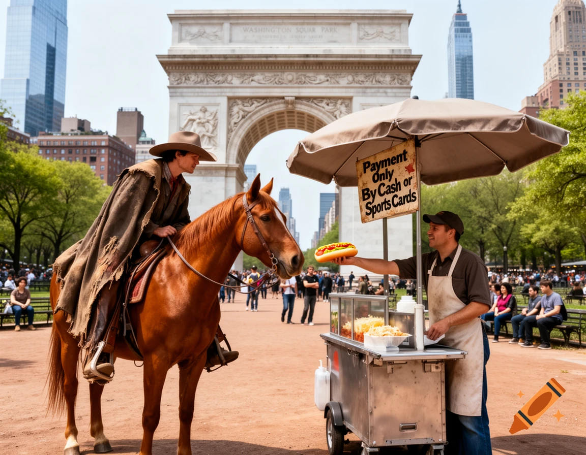 A cowboy on horseback receives a hot dog from a street vendor in Washington Square Park, with the iconic arch in the background.