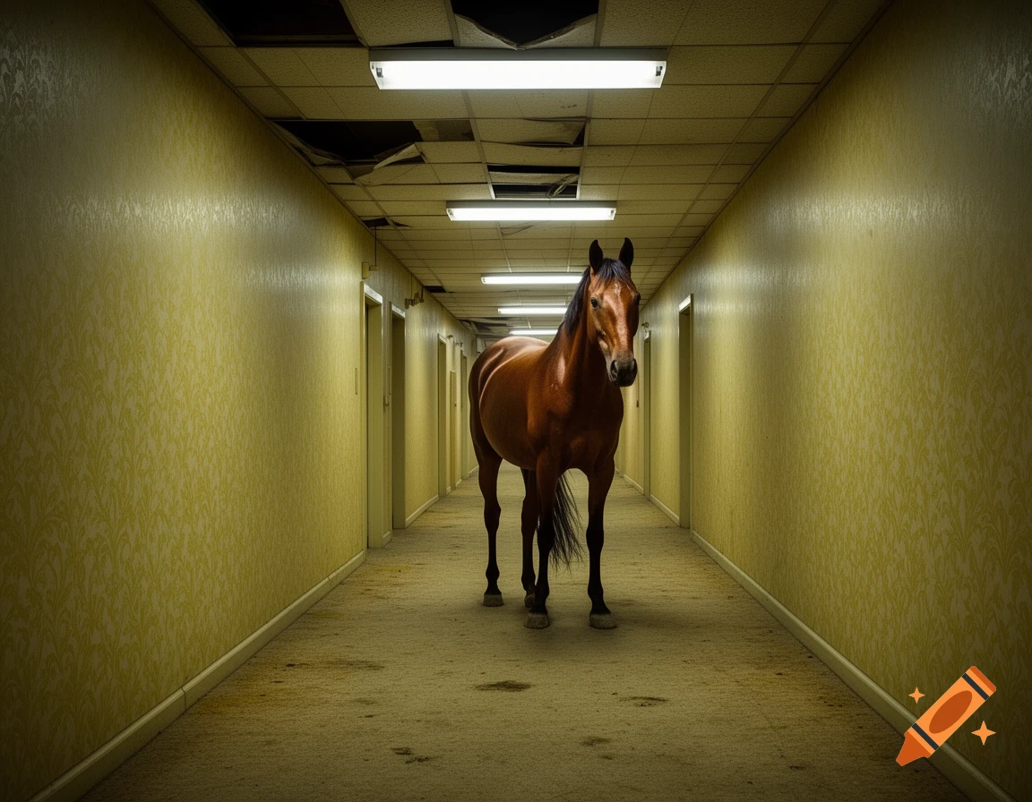 A brown horse stands in a long, dimly lit, yellow-wallpapered hallway with a damaged ceiling and fluorescent lights.