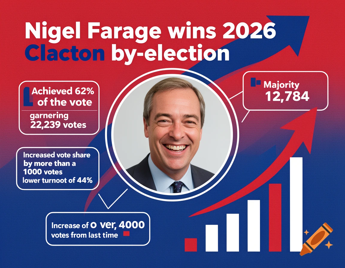 Infographic showing Nigel Farage's 2026 Clacton by-election win with key facts and a bar chart.