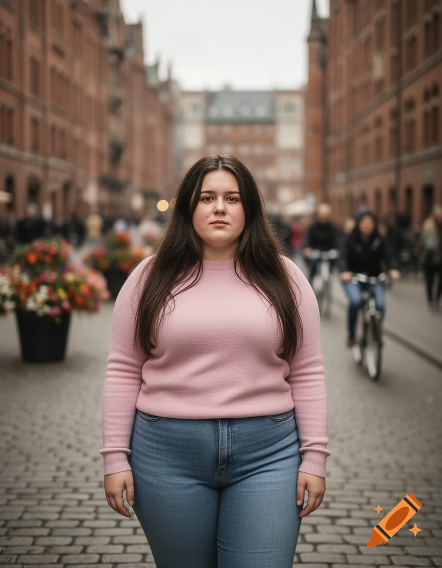 A young woman with long dark hair wears a pink sweater and jeans, standing on a cobblestone street with brick buildings and blurred people in the background.