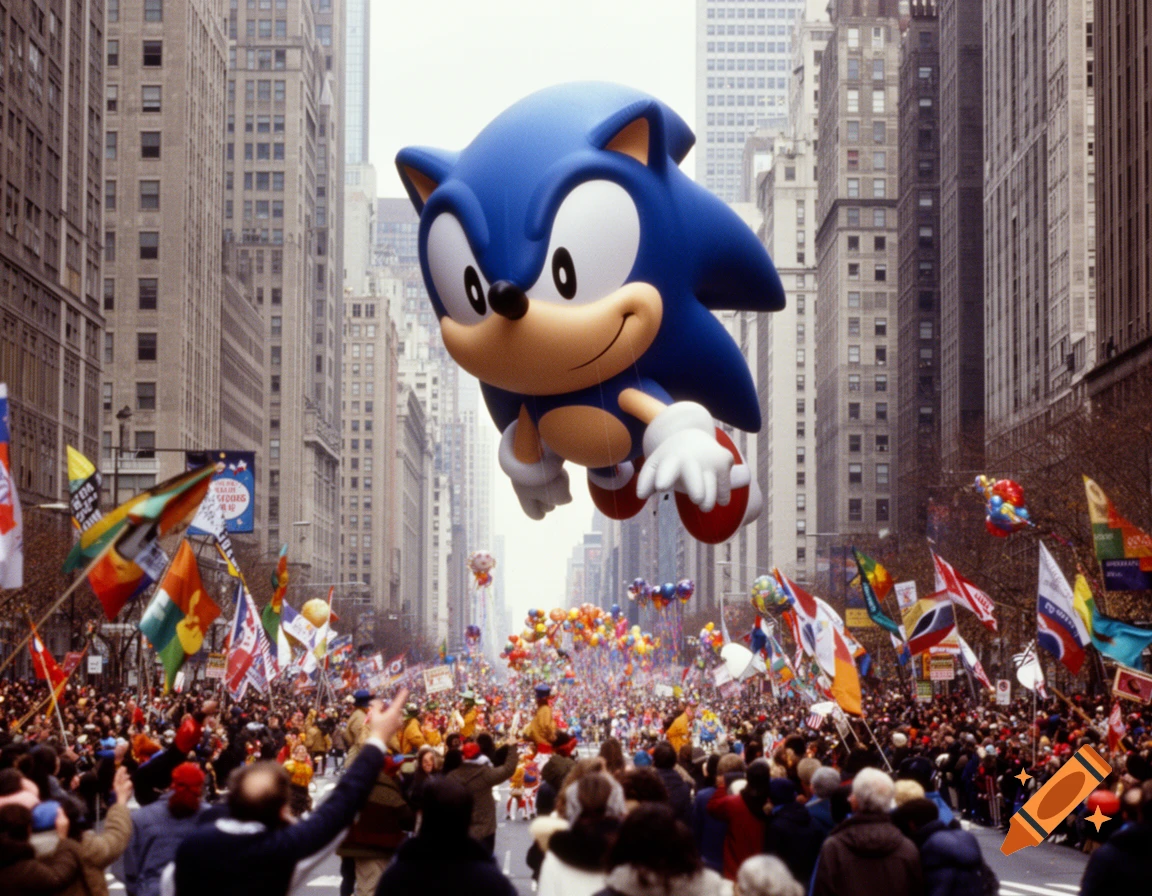 A large Sonic the Hedgehog balloon floats above a crowded city parade with skyscrapers in the background.