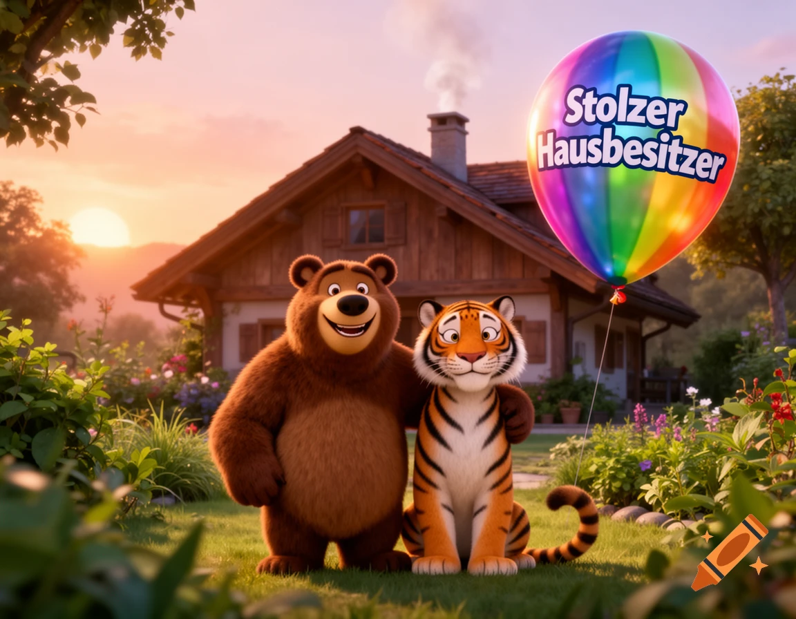 A friendly brown bear and a tiger sit in a lush garden next to a rustic wooden house at sunset, holding a rainbow balloon that says "Stolzer Hausbesitzer" (Proud Homeowner) in a 3D animation style.