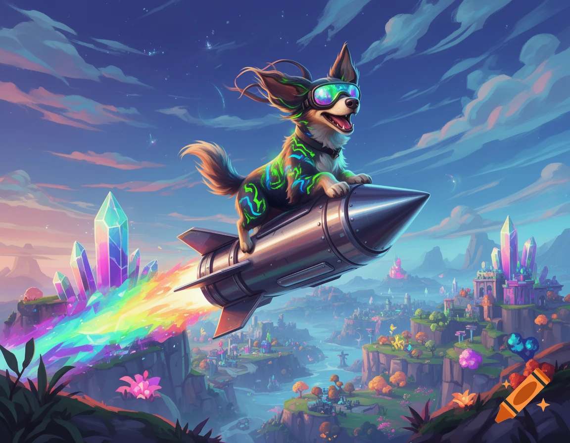 A vibrant cartoon dog in goggles and neon markings flies a rocket, leaving a rainbow trail over a magical, crystal-filled fantasy world at sunset.