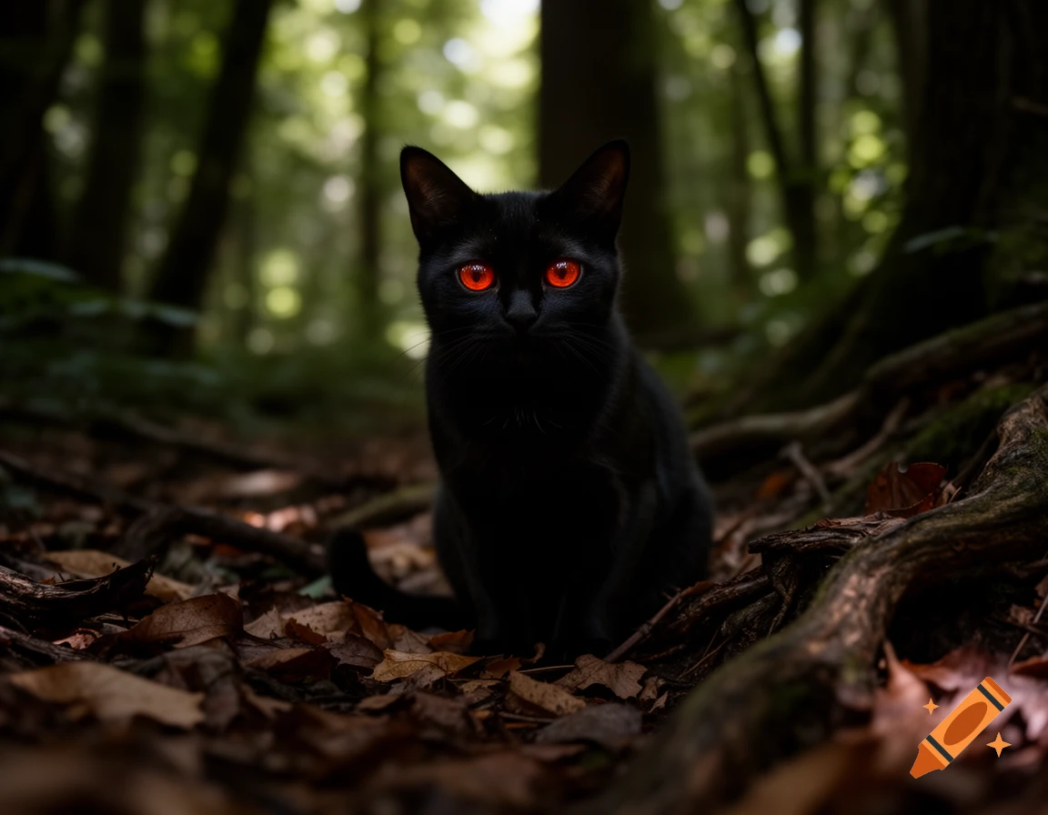 A black cat with glowing red eyes sits amidst fallen leaves and tree roots in a dark, lush forest.