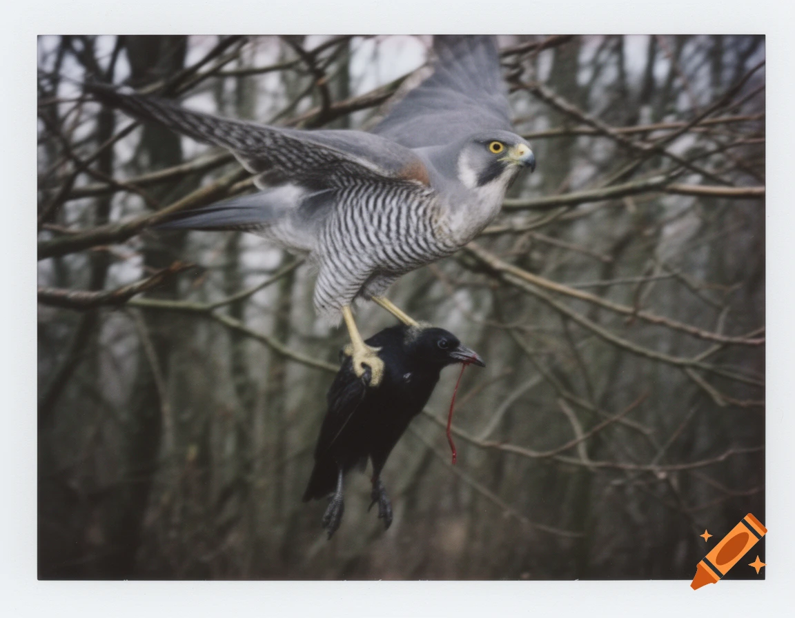 A grey hawk with yellow eyes flies through bare tree branches, carrying a black crow in its talons, a thin trail of blood dripping from the crow's beak. The photorealistic image has a blurry, shaky, Polaroid camera effect.