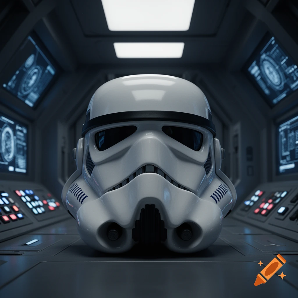 A detailed white Stormtrooper helmet rests on a dark control panel in a sci-fi spaceship interior with glowing blue screens.
