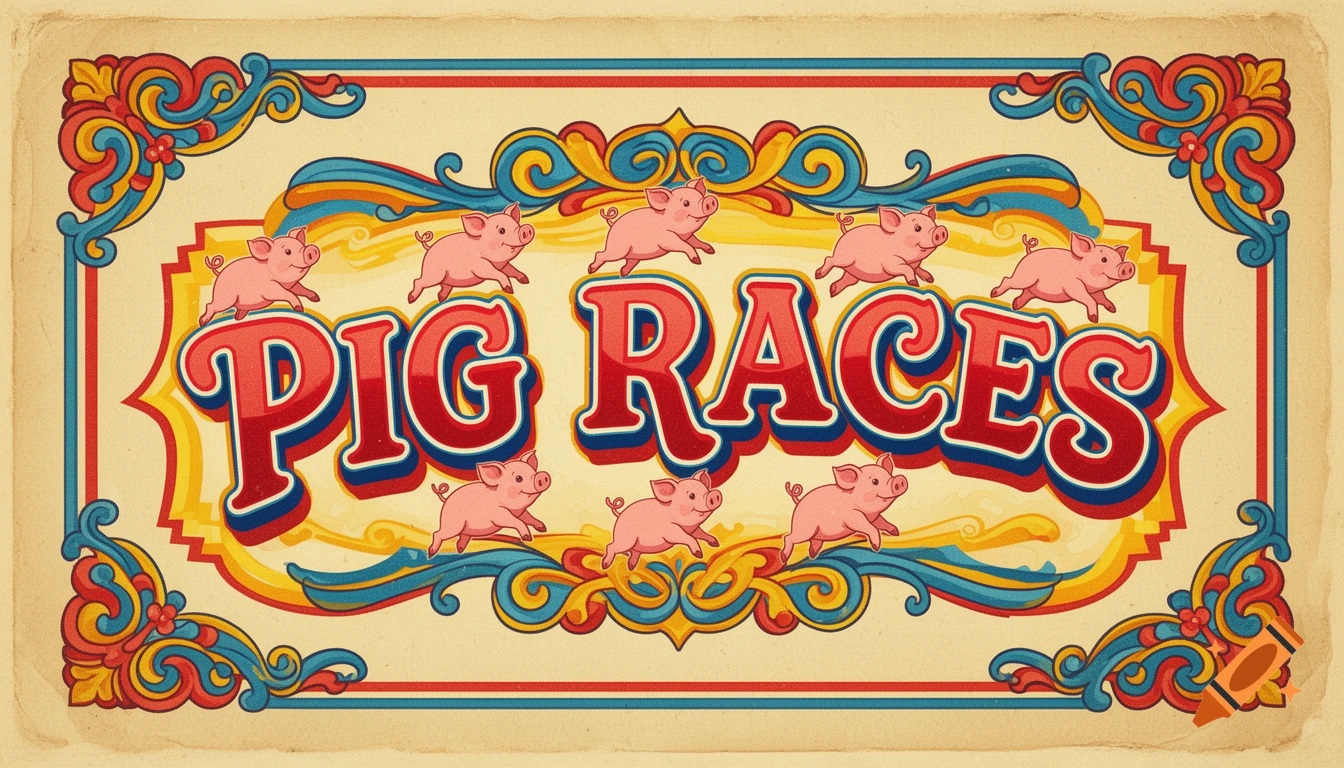 A vibrant carnival-style sign with 'PIG RACES' in bold red letters, surrounded by running cartoon pigs and colorful ornamental borders.