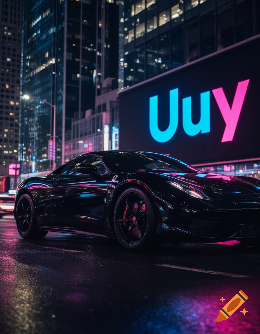A sleek black sports car parked on a wet street at night, reflecting neon blue and pink lights from a large "Uuy" sign and city buildings.