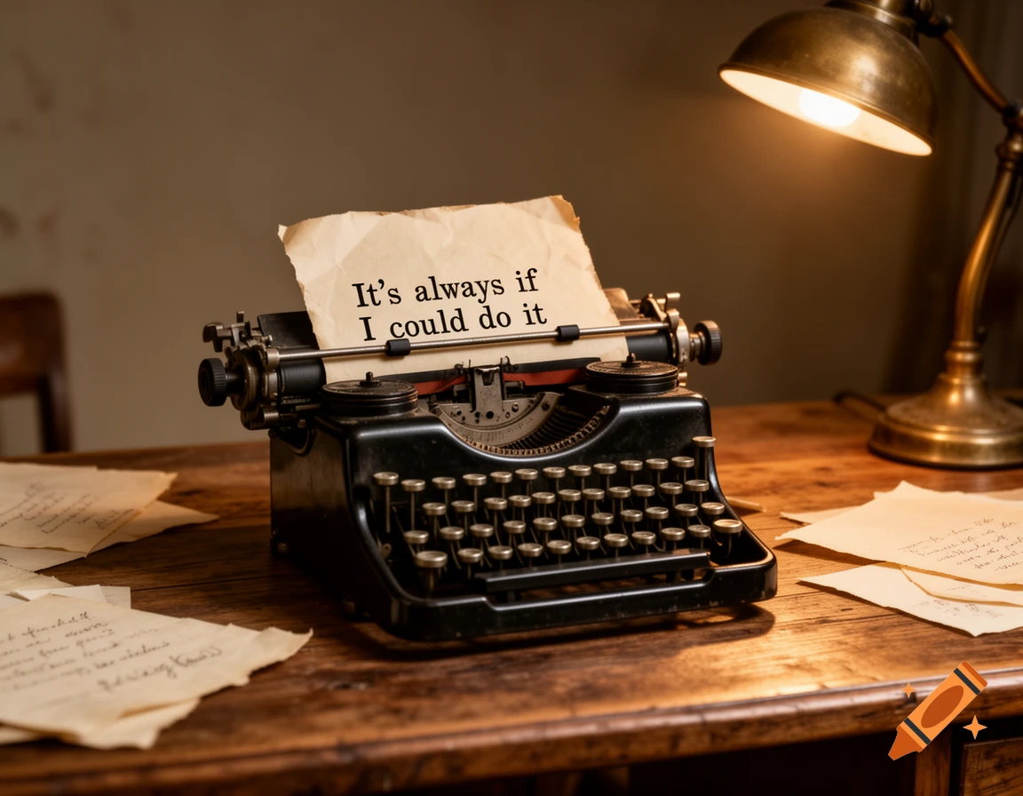 A vintage black typewriter on a wooden desk under a brass lamp, paper in platen reads 'It's always if I could do it'.