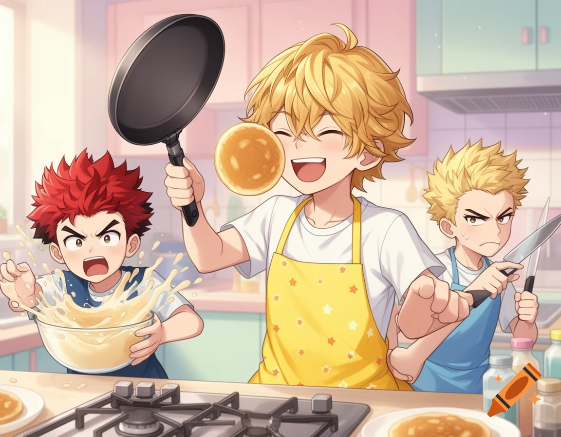 Three anime boys in a bright kitchen. One flips a pancake onto his face, another splashes batter, and a third holds two knives with an annoyed look.