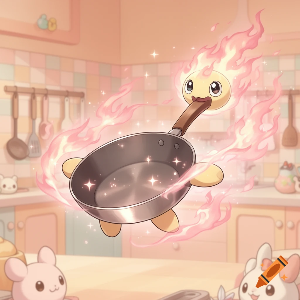 Cute frying pan creature with a happy face, surrounded by pink flames, levitating in a pastel kitchen.