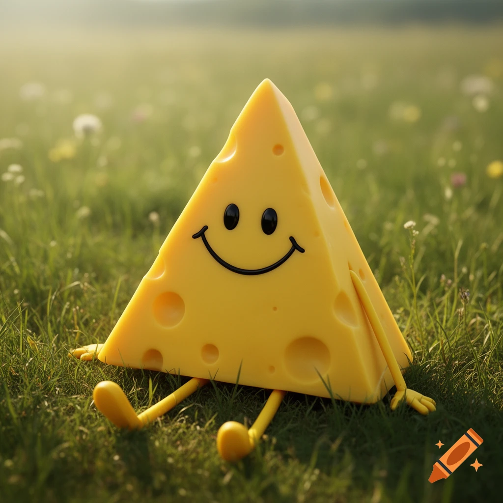 A cartoon yellow cheese wedge with a black smiley face and stick-like yellow limbs sits in green grass with dandelions.