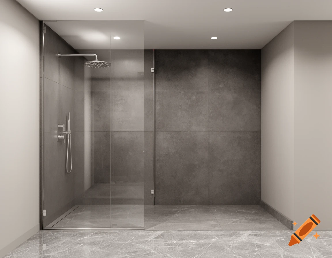Modern walk-in shower with glass partition, dark grey tiles, and marble floor.