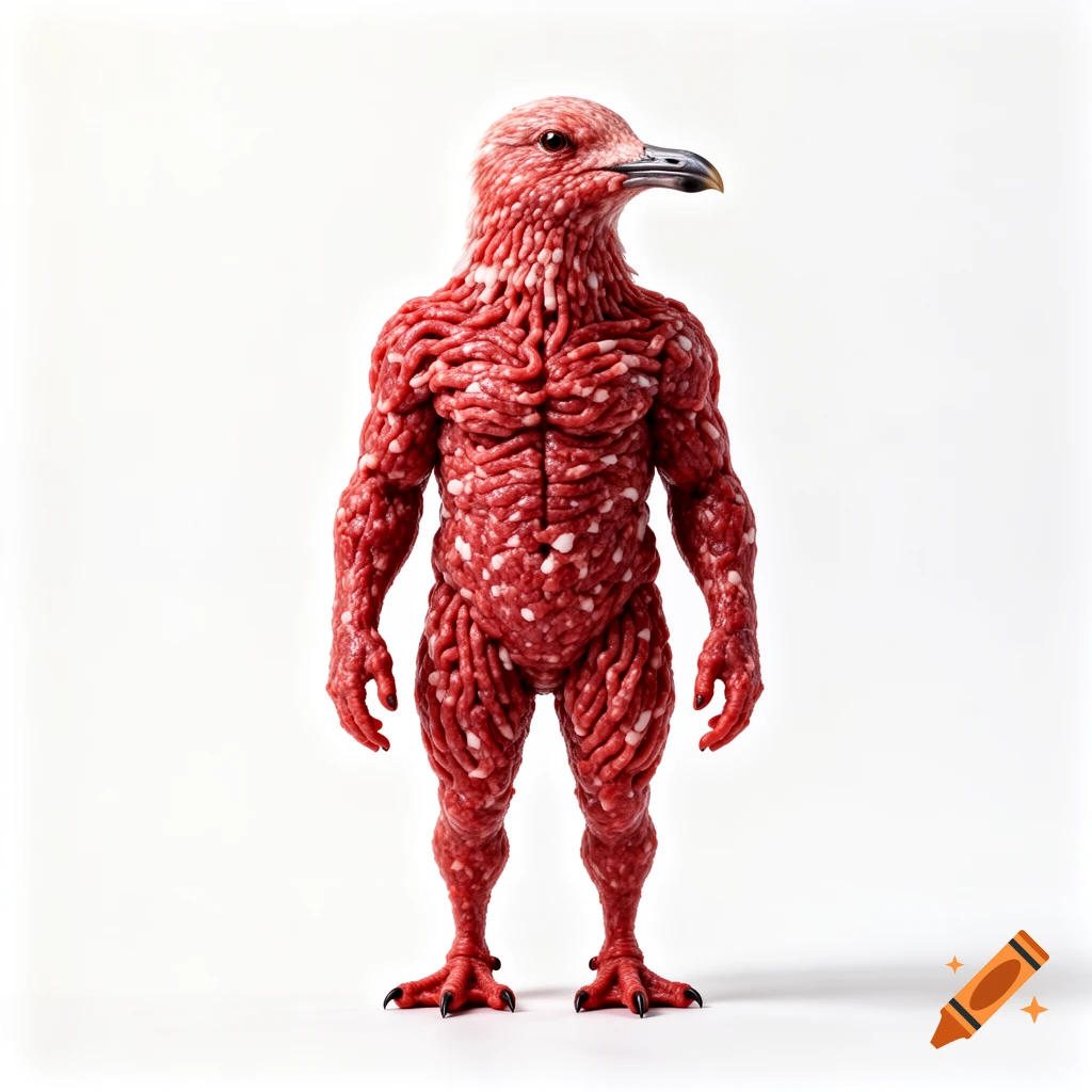 Photorealistic humanoid figure with a seagull head and feet, sculpted from raw ground beef, on white.