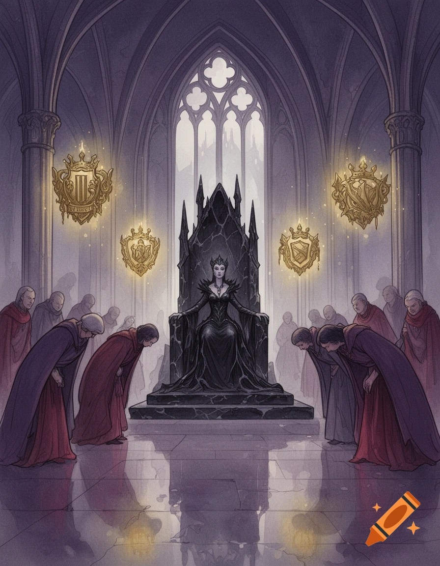 A dark queen on an obsidian throne in a gothic hall, with bowing servants and shimmering crests. Fine-line ink and watercolor.