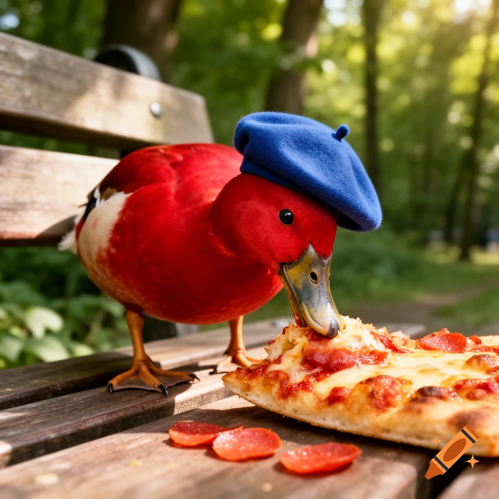 A red duck wearing a blue beret pecking at a slice of pepperoni pizza on a wooden park bench.