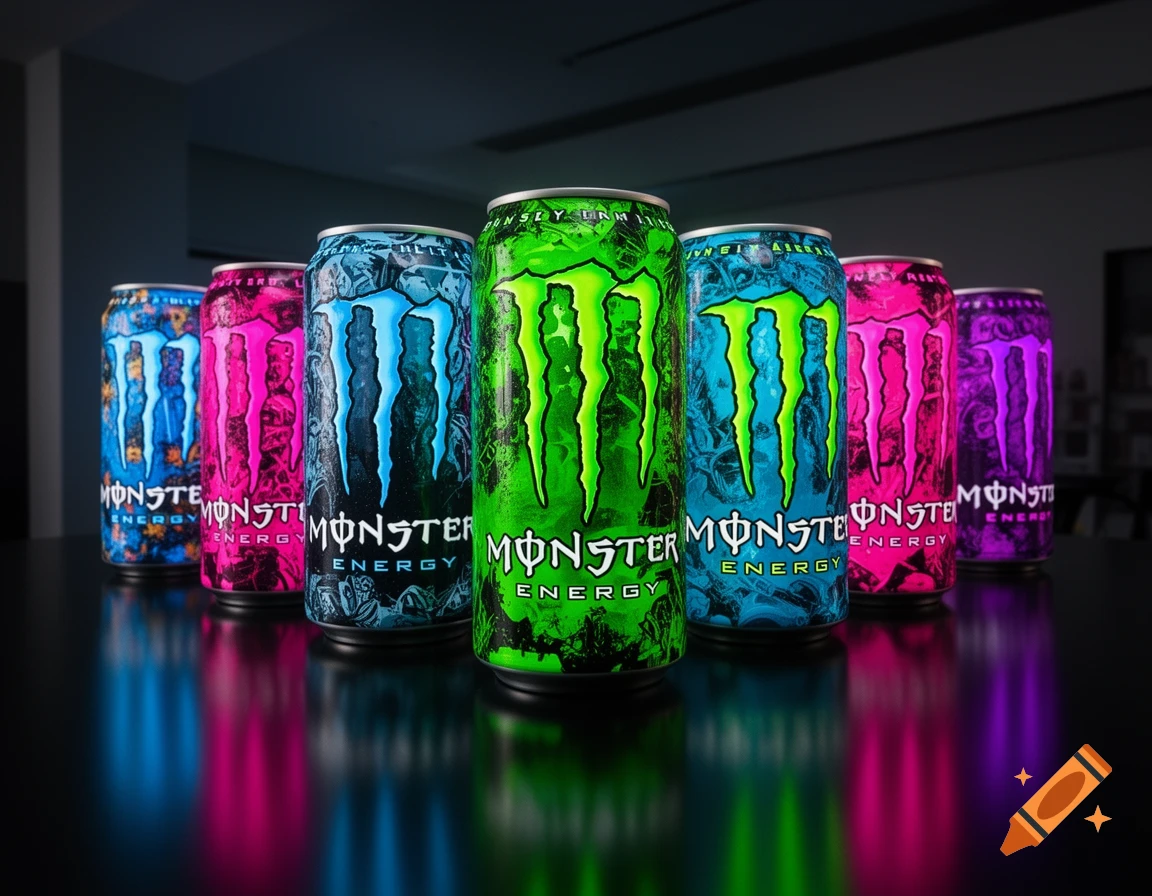 Multiple neon-colored Monster Energy drink cans on a dark, reflective surface, brightly lit.