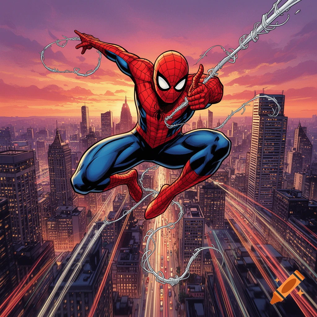Spiderman swings through the air above a vibrant cityscape at sunset, in a dynamic comic book art style.