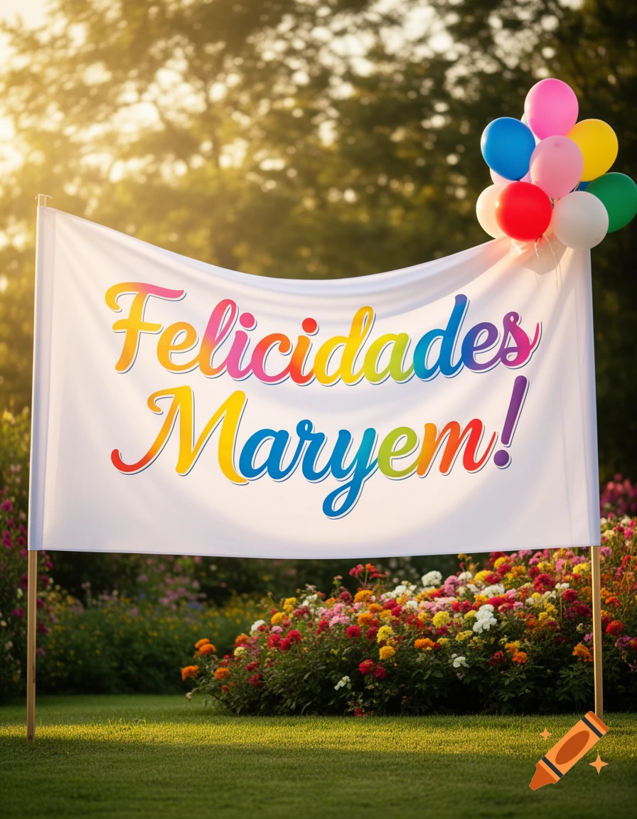 A white banner displaying "Felicidades Maryem!" in colorful text, with a cluster of balloons, set in a sunny green garden filled with flowers.