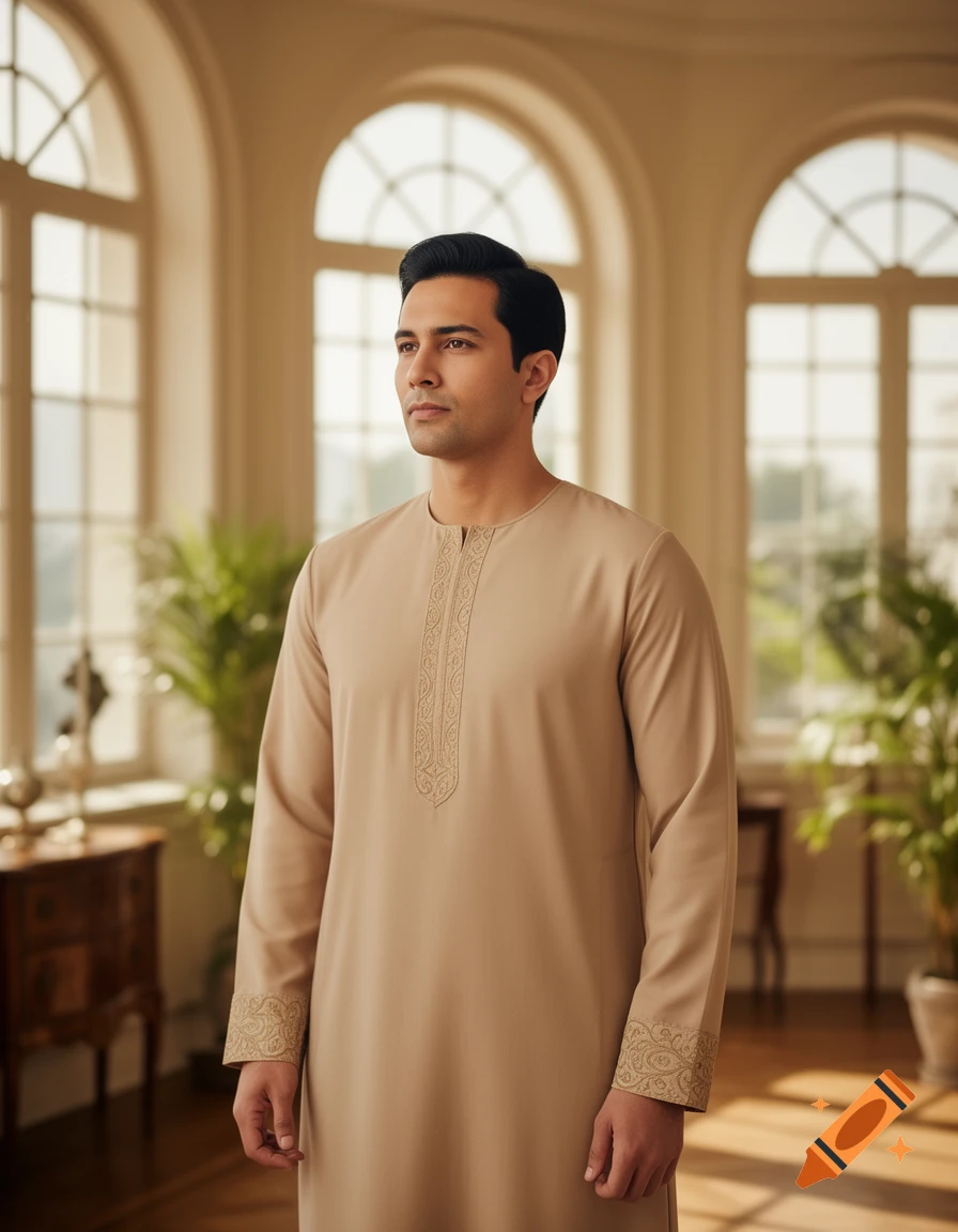 A man in a beige embroidered tunic stands in an elegant room with arched windows, looking thoughtfully to the side.