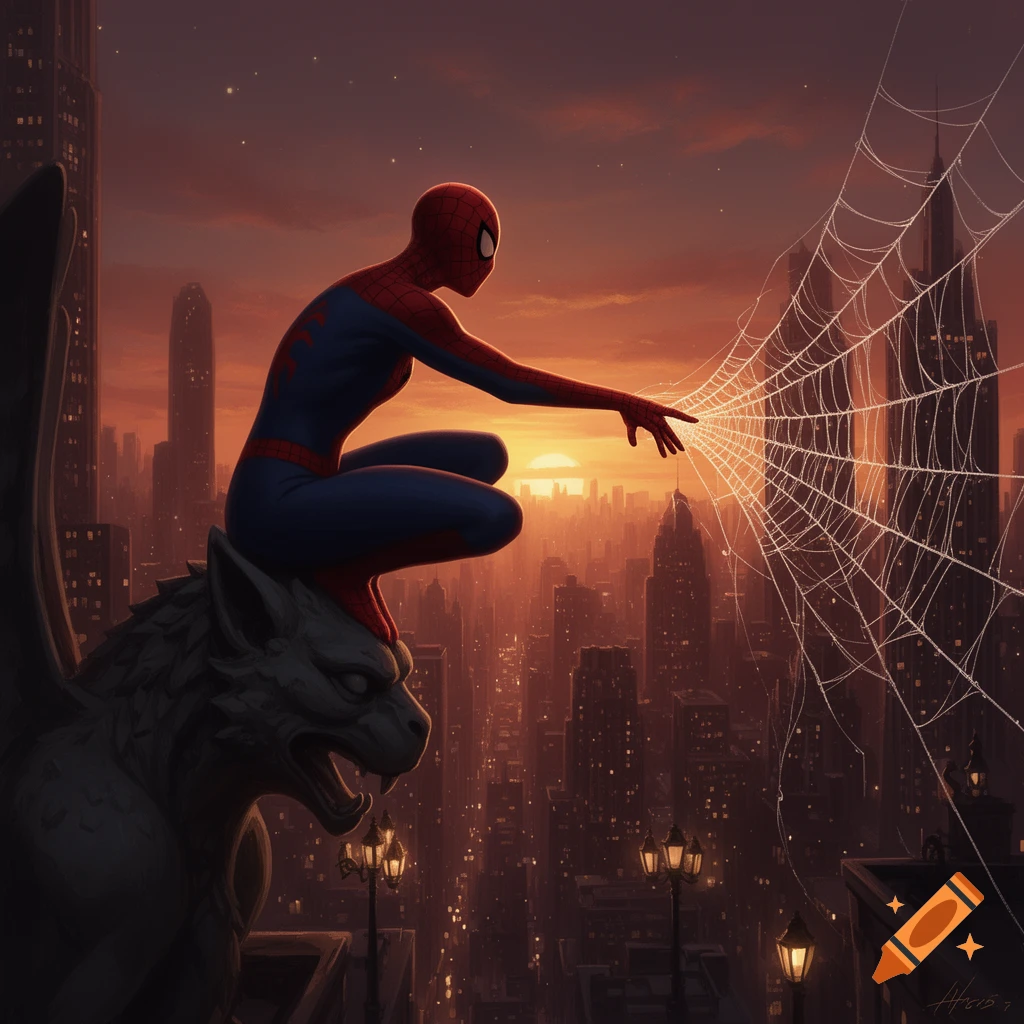 Spider-Man crouches on a gargoyle, touching a web over a city skyline at sunset in a comic art style.