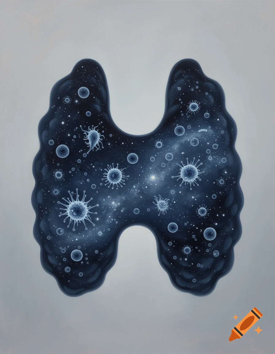 Abstract painting of a dark, wavy thyroid shape filled with glowing blue microscopic organisms and stars, set against a light background.