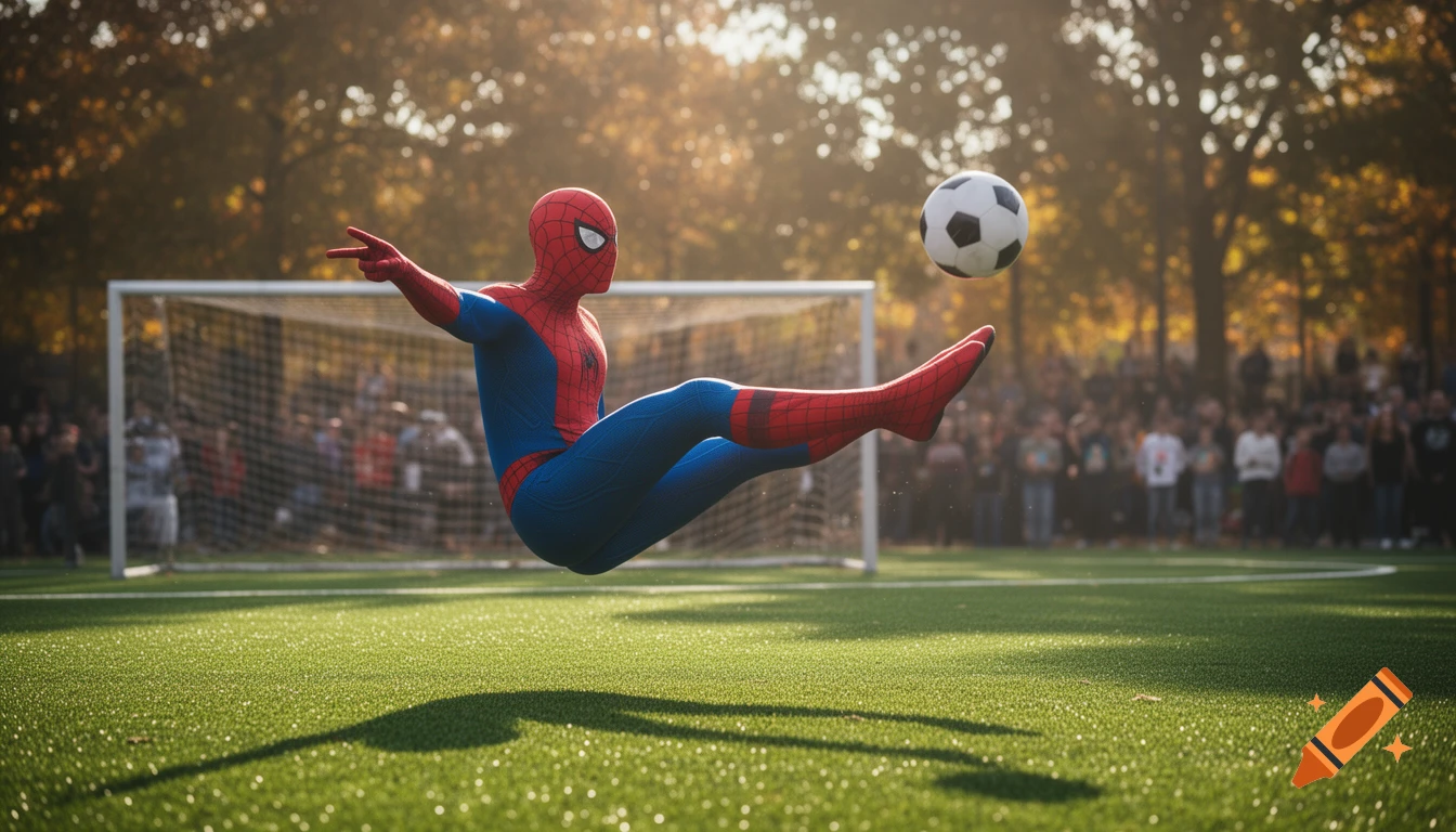 Spider-Man in a red and blue suit floats mid-air, kicking a soccer ball on a sunny green field with a goal and blurred spectators.