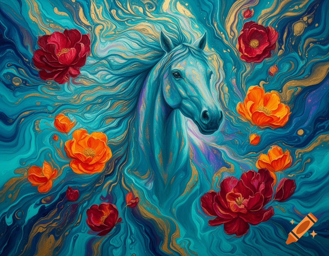 Stylized teal horse head emerging from swirling turquoise and gold abstract patterns, surrounded by bold red and orange flowers.