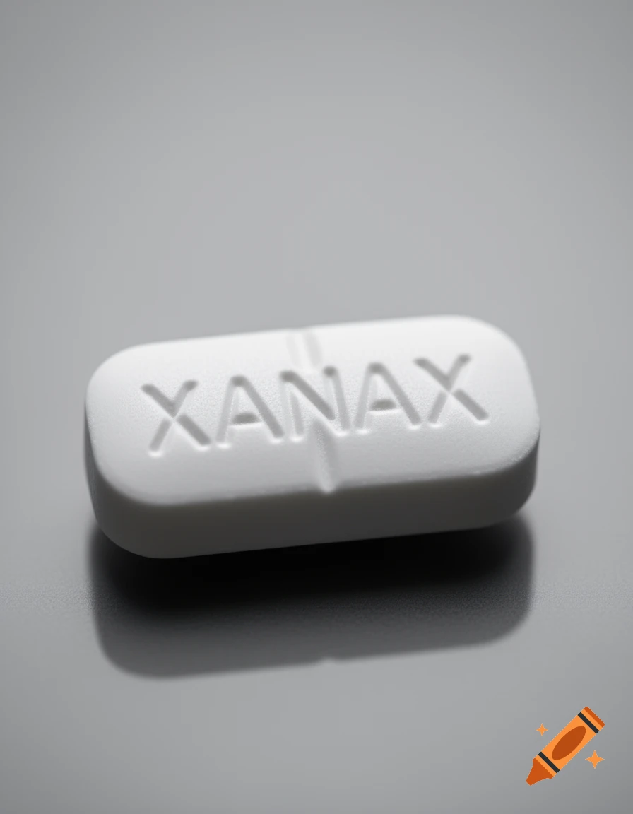 A white oblong Xanax pill with XANAX embossed on it, lying on a gray surface.