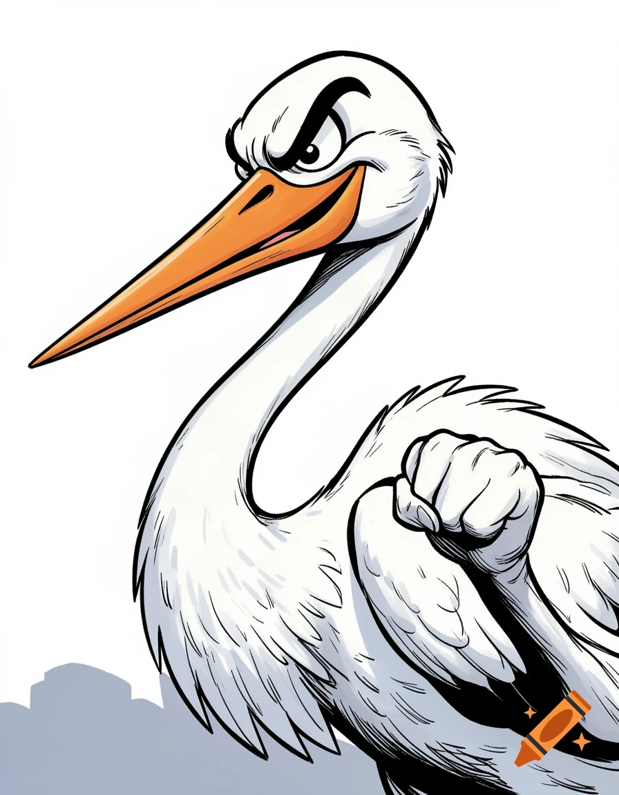 A cartoon stork, in clear line comic book style, smiling aggressively and mischievously while raising a closed fist.