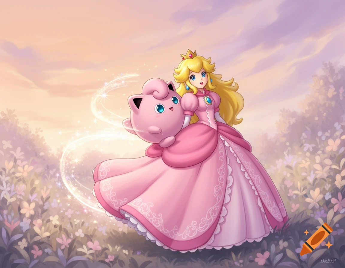 Princess Peach in a pink gown holding a sparkling Jigglypuff in a magical flower field, anime style.