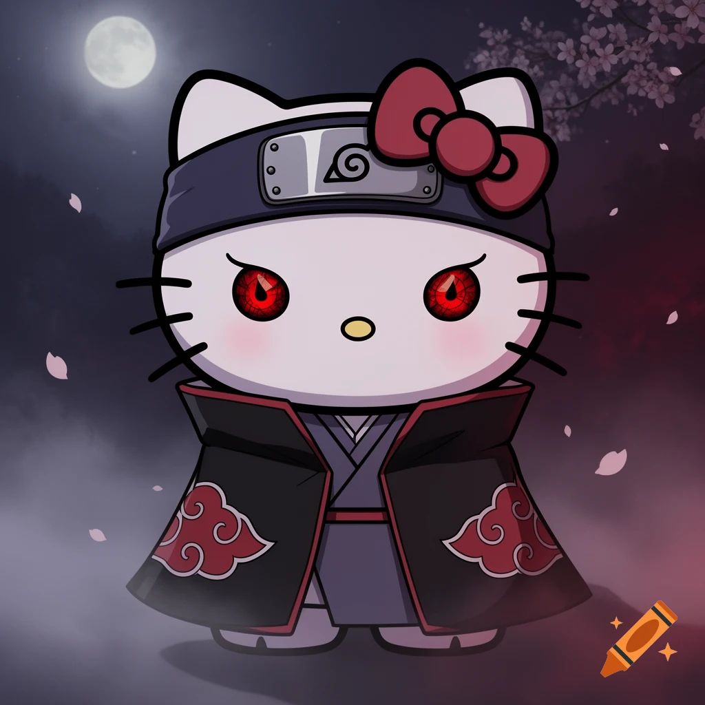 A cartoon Hello Kitty with glowing red Sharingan eyes, wearing a black Akatsuki cloak with red clouds and a ninja headband with a Konoha symbol, stands under a full moon with falling cherry blossoms.