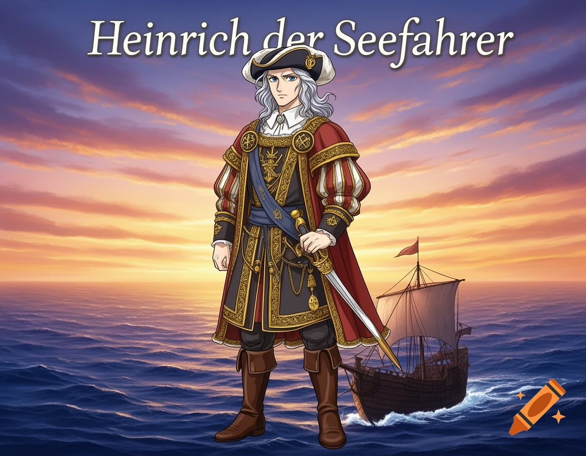 A manga-style depiction of Heinrich der Seefahrer (Henry the Navigator) in period costume, holding a sword, with a ship on the sea at sunset.