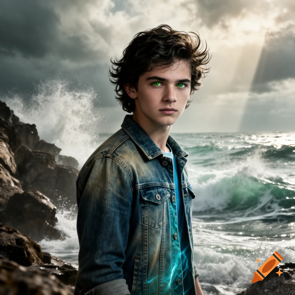 A young man with curly dark hair and glowing green eyes stands by a stormy ocean, wearing a denim jacket, with subtle blue energy emanating from his chest.