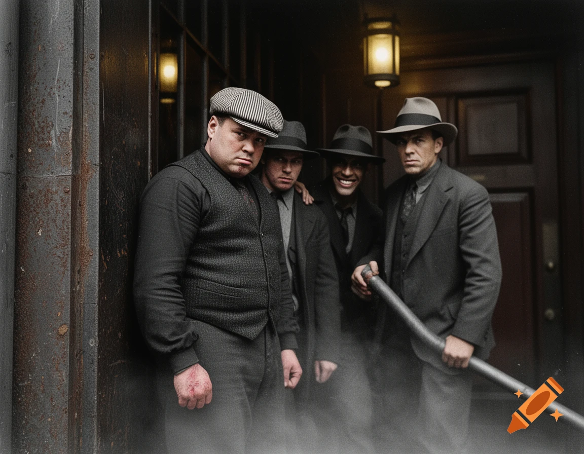 A group of four menacing men in 1930s-style suits and hats stand in front of a dark building with lanterns and rising smoke. One man has a flat cap and bloody knuckles, another holds a pipe, and one grins unsettlingly.