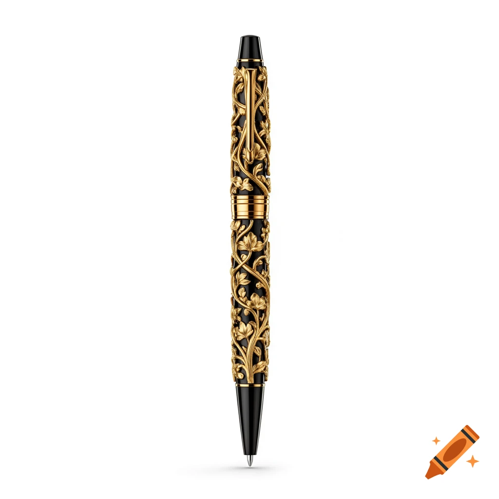 A luxurious black ballpoint pen with intricate gold vine carvings on a white background.