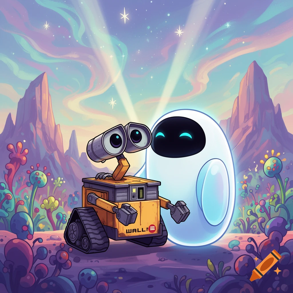 Cartoon WALL-E and EVE robots stand in a colorful alien landscape with mountains and glowing plants under a starry sky.