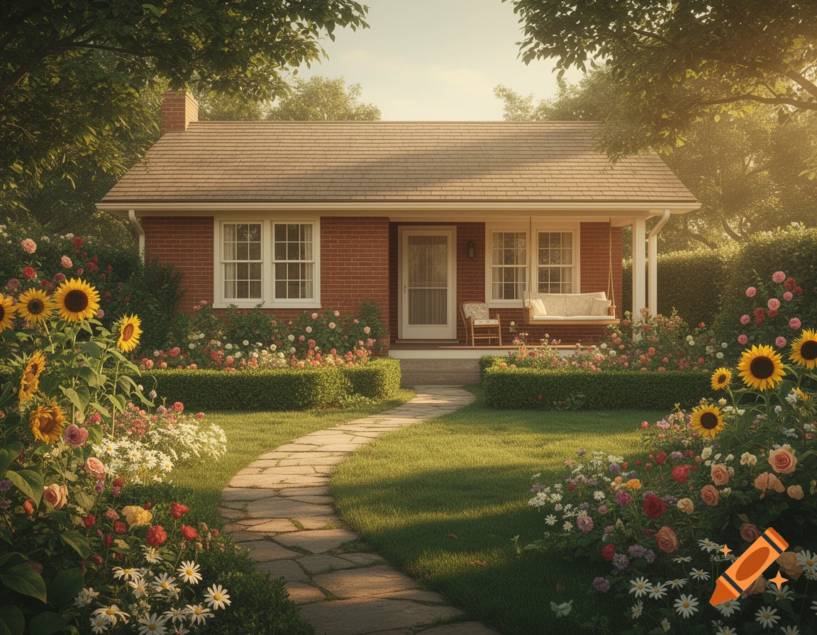 A charming brick house with a front porch swing, surrounded by a lush garden with colorful flowers and a winding stone path, under warm sunlight.