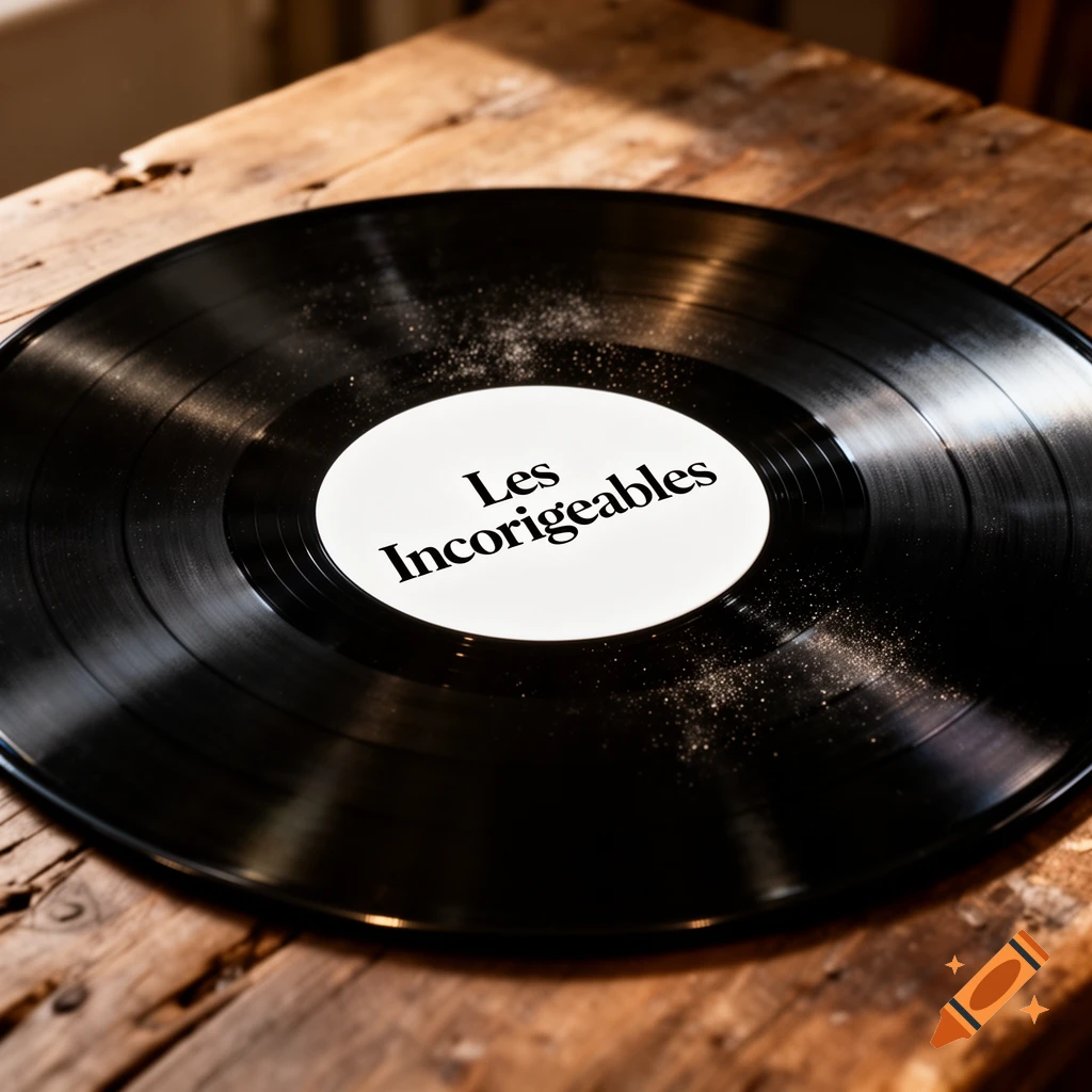 A black vinyl record with "Les Incorigeables" written on its white label, resting on a rustic wooden table.