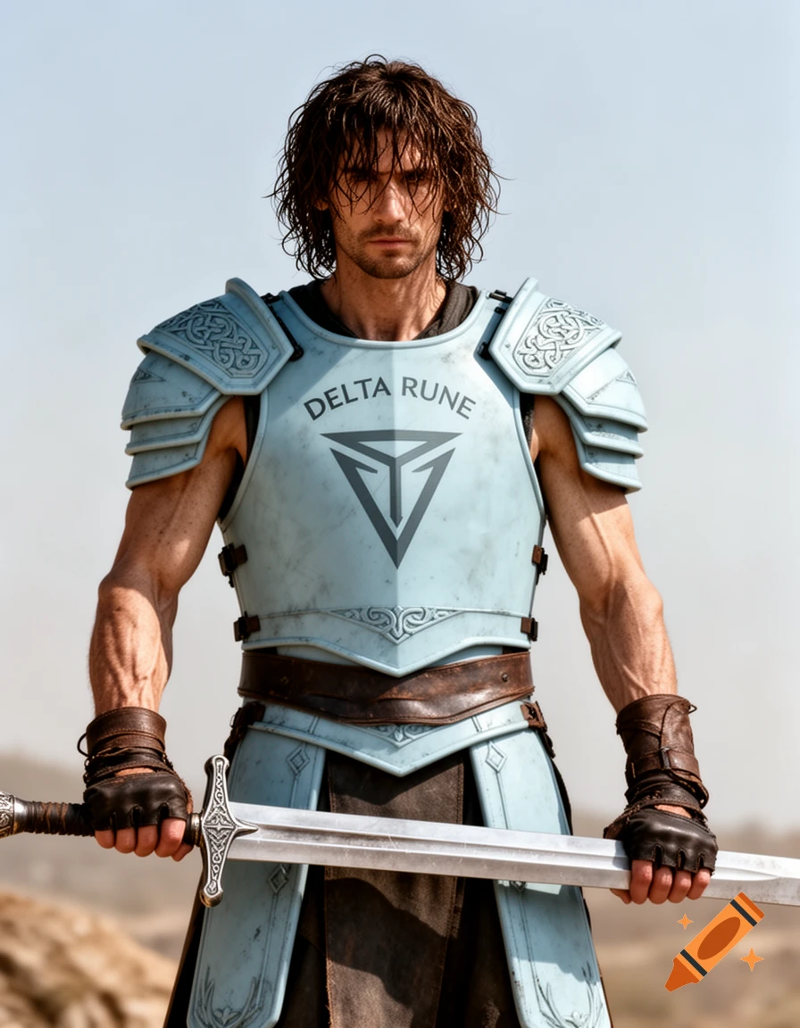 A muscled man in light blue fantasy armor with a 'DELTA RUNE' symbol on the chest, holding a large sword.