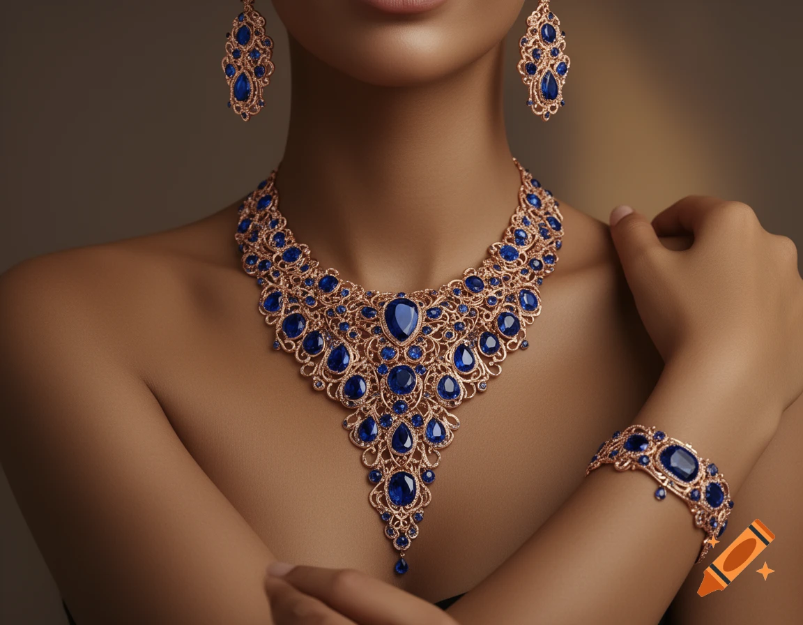 Close-up of a woman wearing an ornate gold and blue sapphire necklace, matching earrings, and a bracelet.