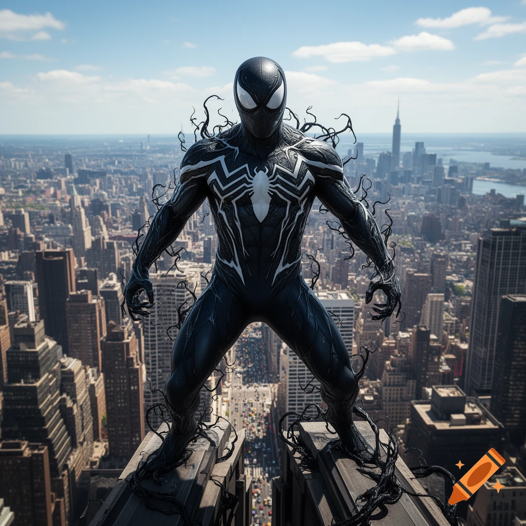 Spider-Man in a black and white Venom suit stands heroically on a skyscraper rooftop, overlooking a sprawling city under a clear blue sky.