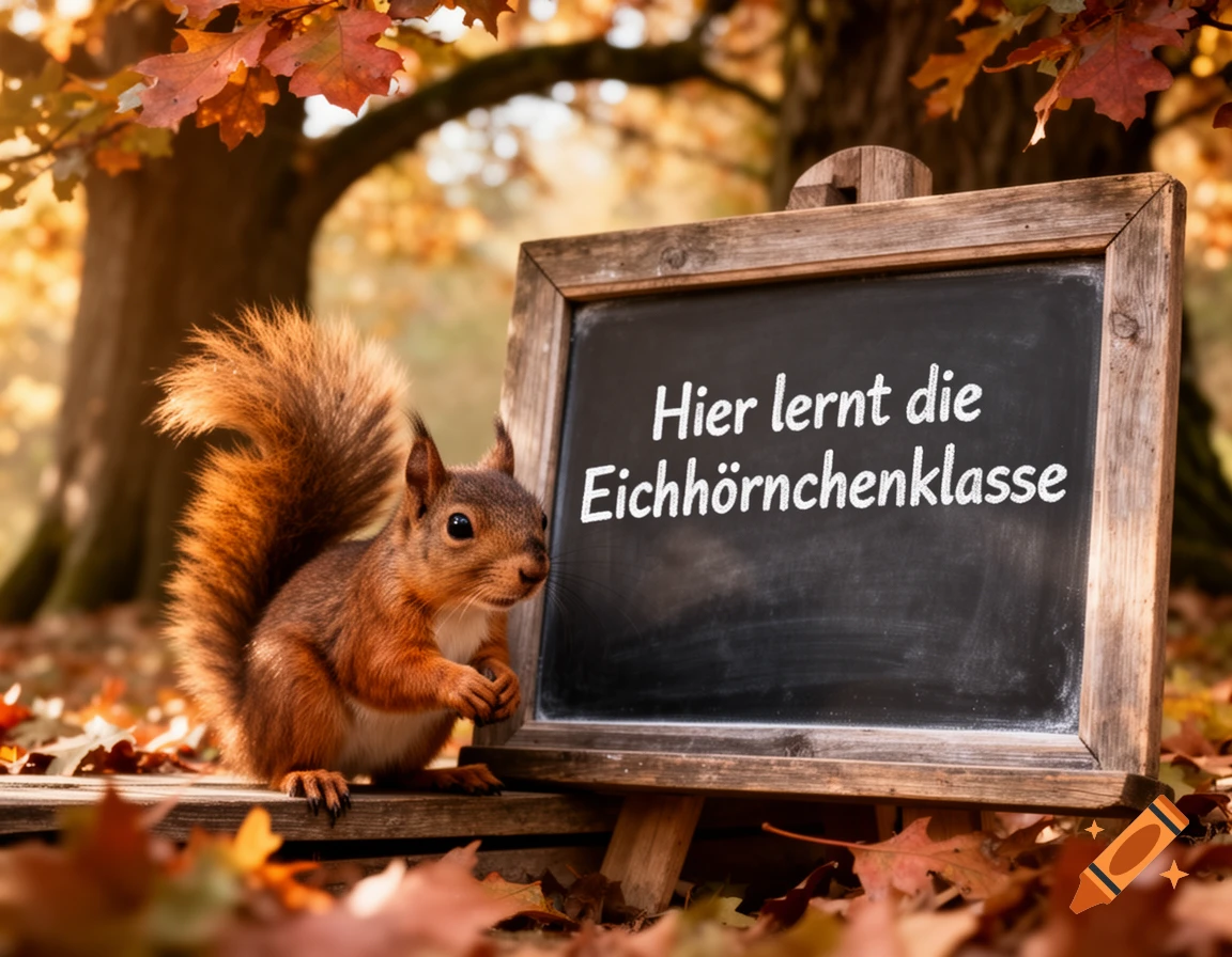 A photorealistic red squirrel sits by a blackboard with "Hier lernt die Eichhörnchenklasse" written on it, in an autumn forest setting.