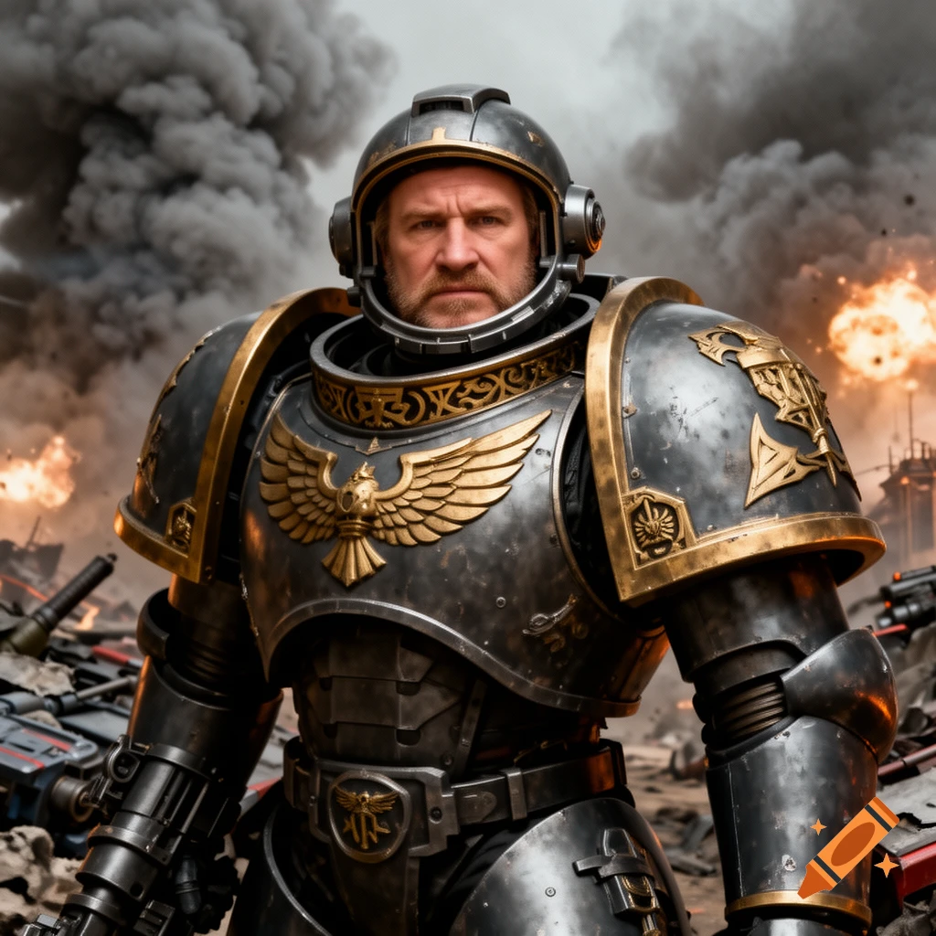 Man resembling Gérard Depardieu in dark grey and gold power armor stands in a photorealistic warzone with smoke and explosions.