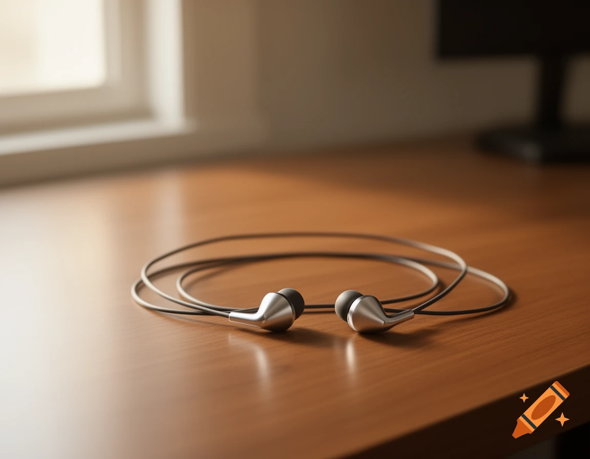 Photorealistic image of silver wired in-ear headphones with black tips and cable, coiled aesthetically on a light brown wooden desk.