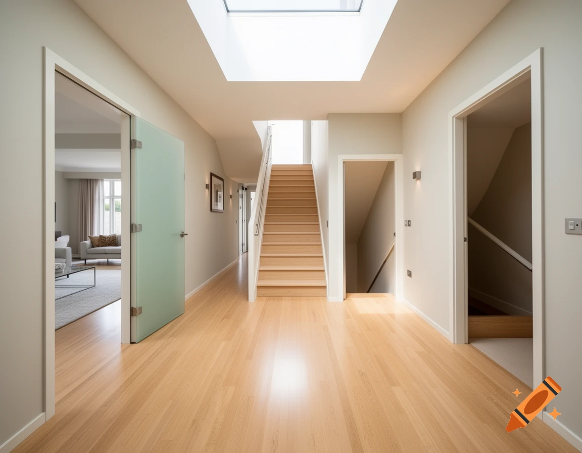 A bright, modern house hallway with a light wood floor, leading to a wooden staircase, a living room, and a basement entrance.