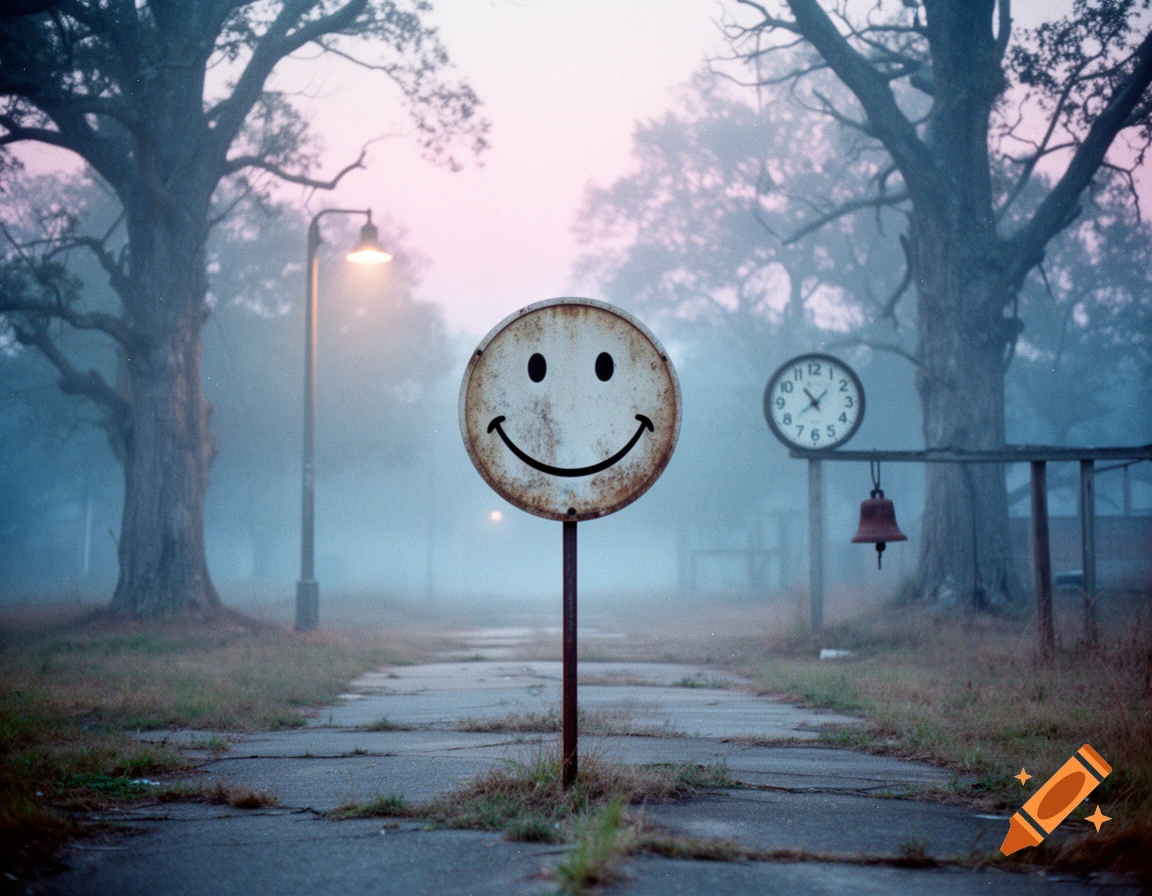 A vintage Dreamcore photograph of a rusty smiley face sign on an abandoned path in a foggy, surreal landscape with old trees, a glowing street lamp, and a clock showing 6:47.